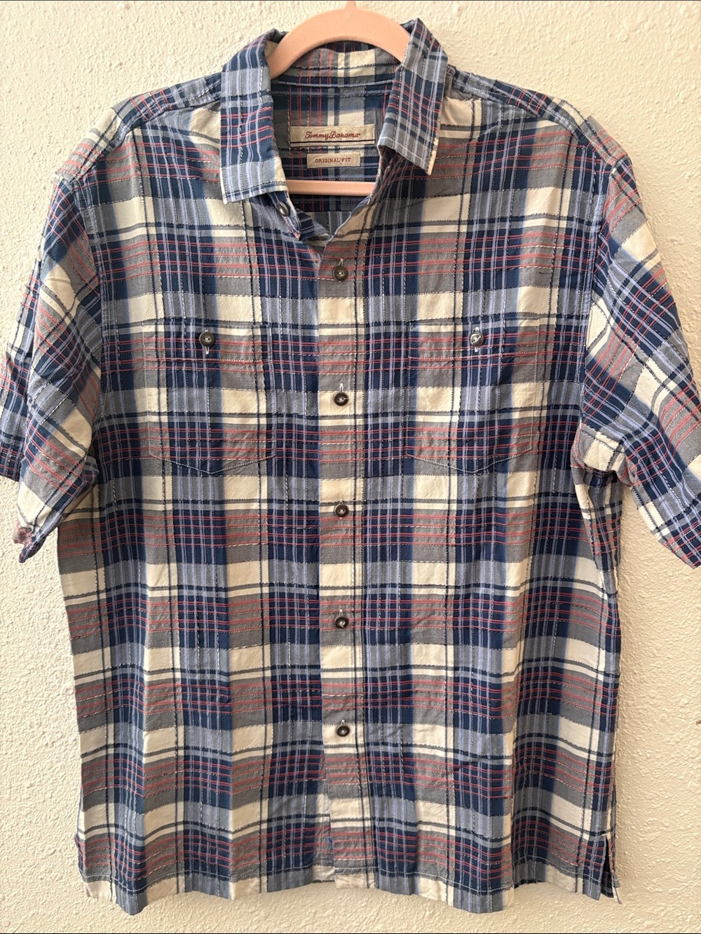 Tommy Bahama Plaid Silk Cotton Camp Shirt Blue Red M EUC